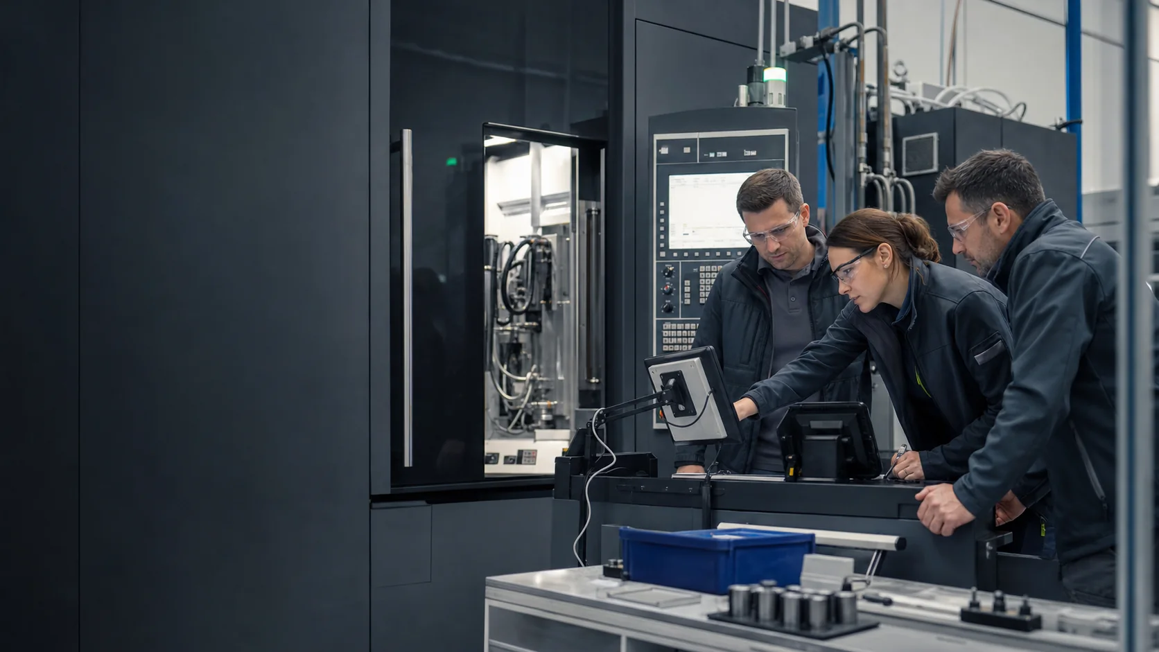 Engineers diagnosing a machine event across production equipment and control systems