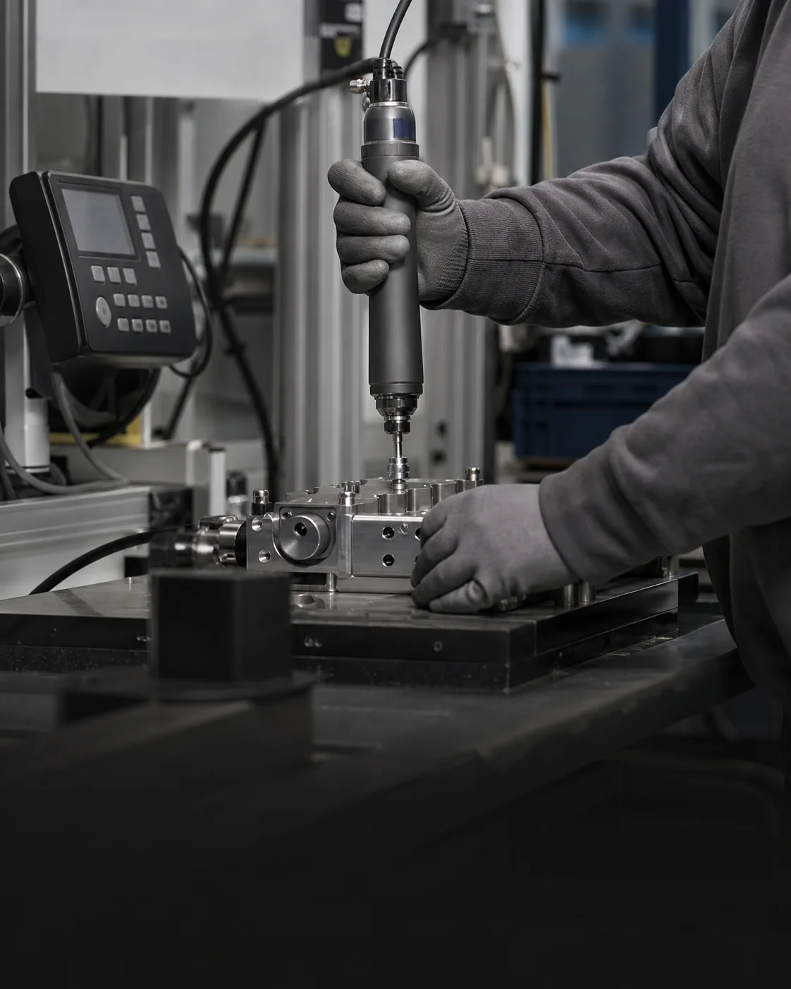 Technician using an industrial tightening tool at a precision assembly workstation