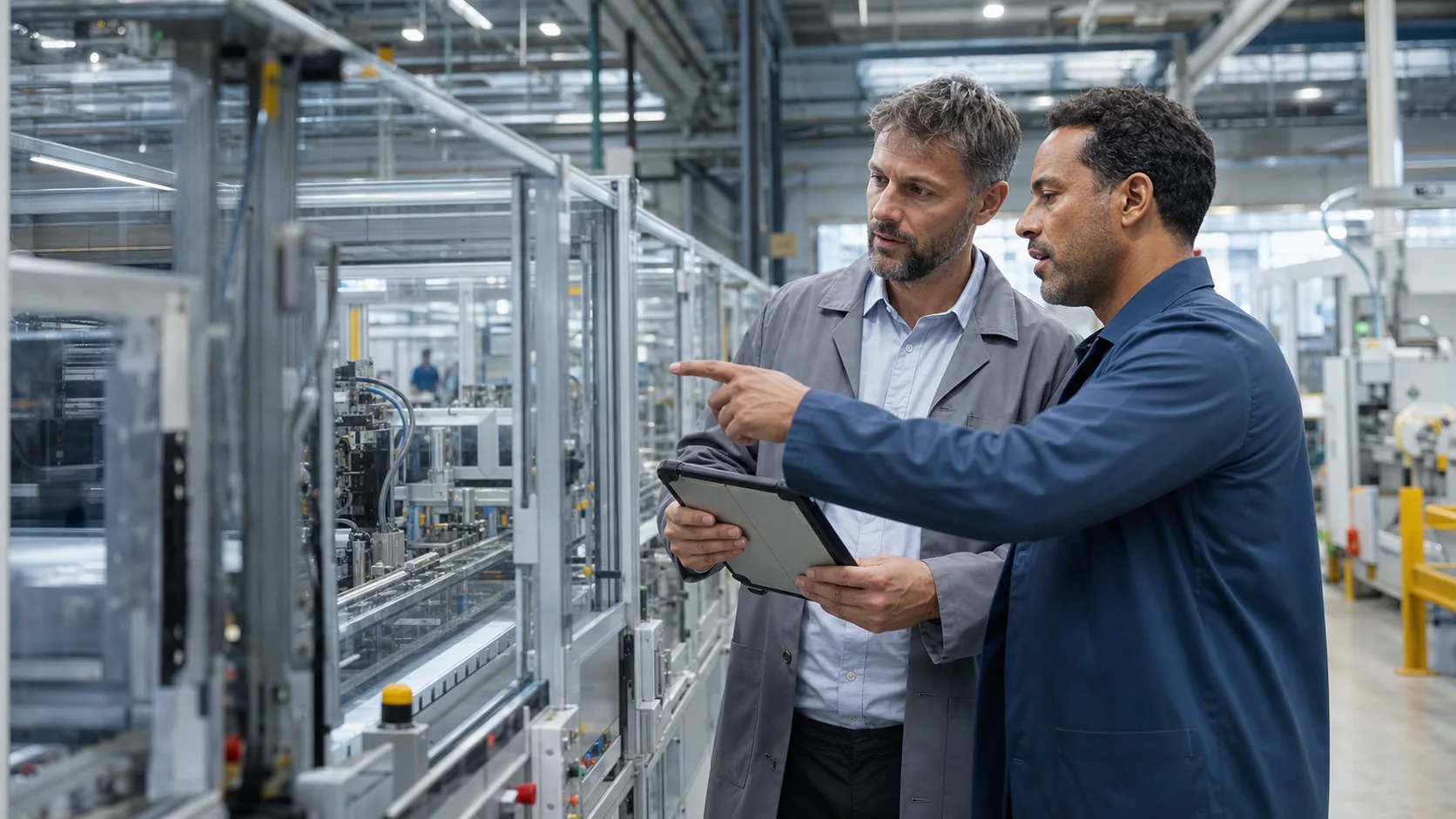An engineer and a technician examining equipment data on the production line