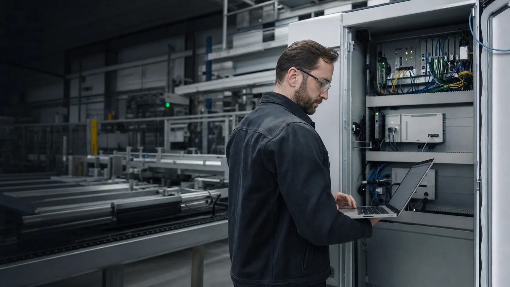 OT data architect reviewing industrial edge connectivity beside a production line