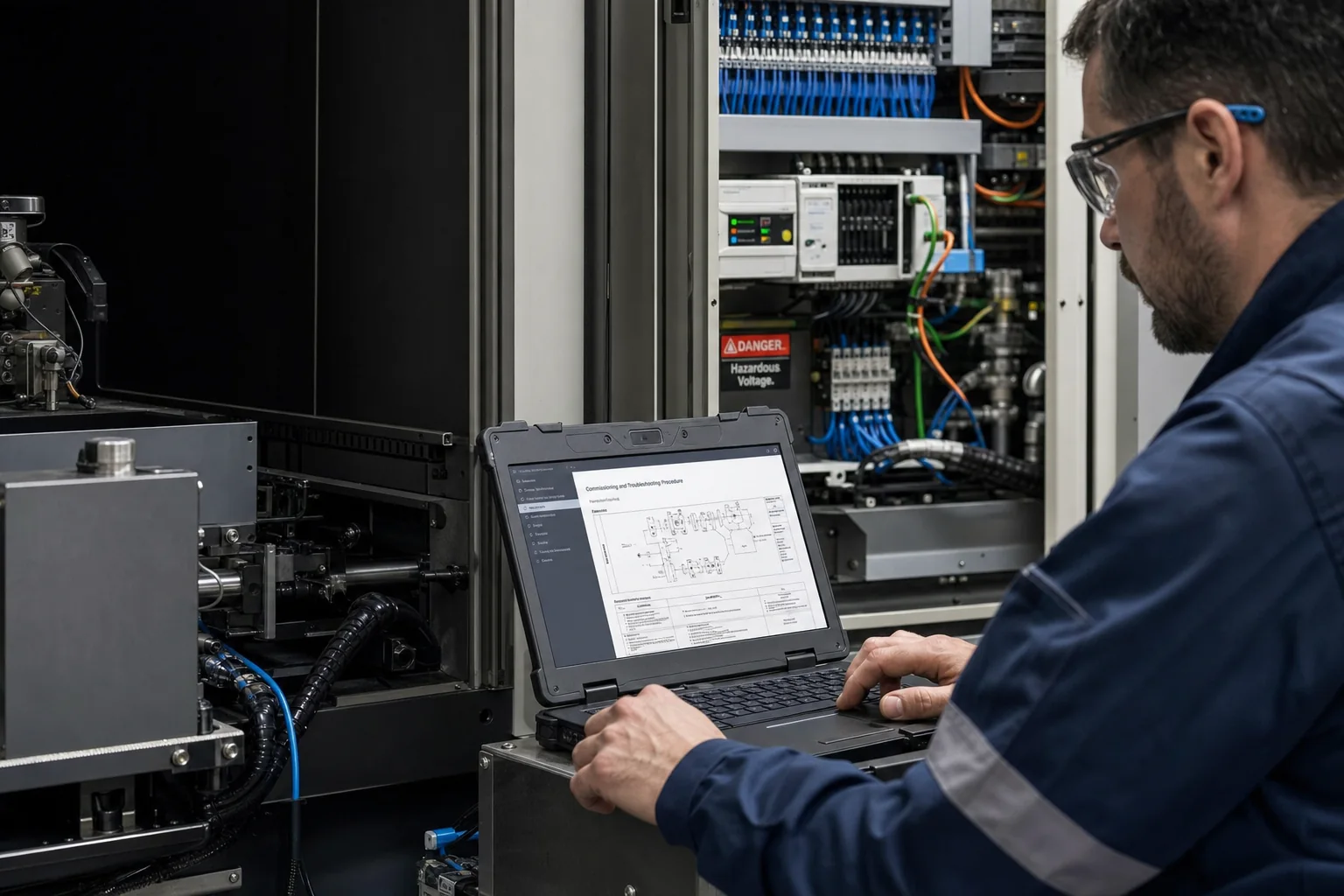 Engineer writing commissioning and troubleshooting procedures beside industrial equipment