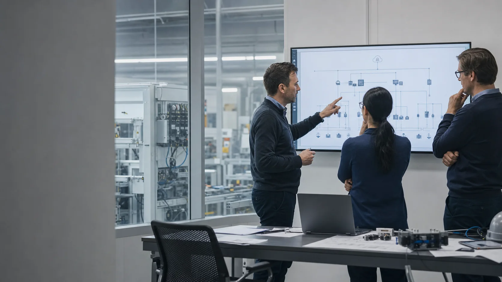 Technical team reviewing a flow between industrial equipment and systems