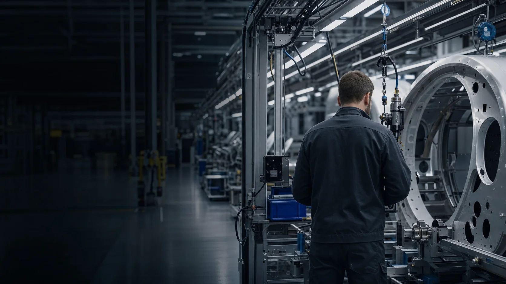 Engineer inspecting a connected precision assembly station