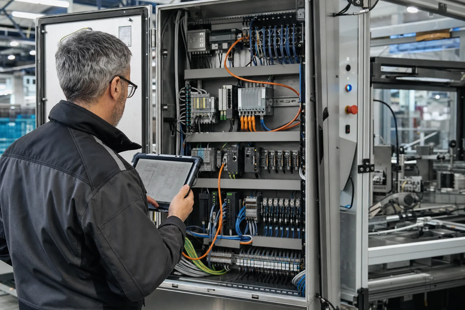 Industrial integration specialist reviewing equipment and production data at the source
