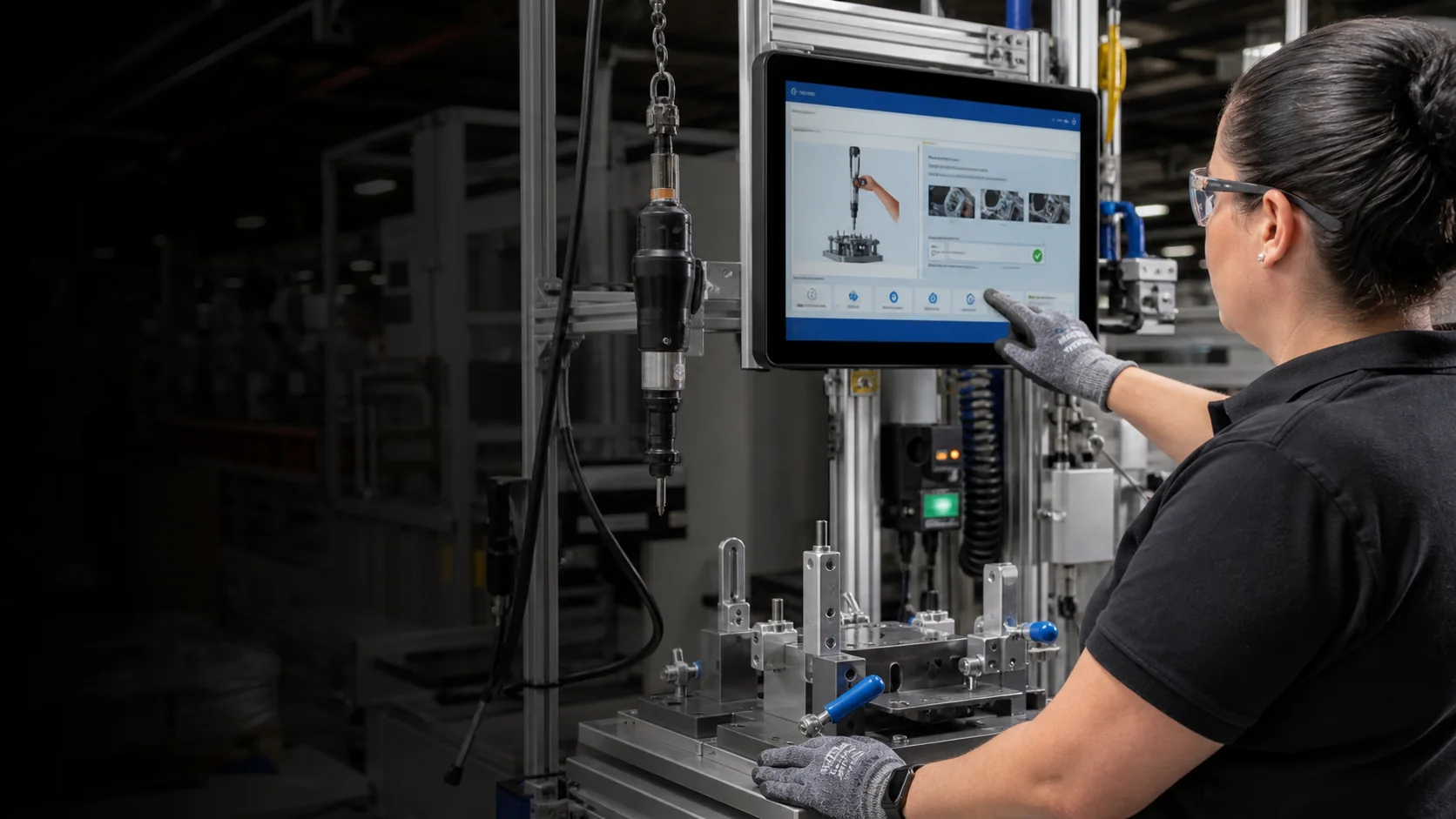 Operator completing a paperless assembly operation at an industrial touchscreen