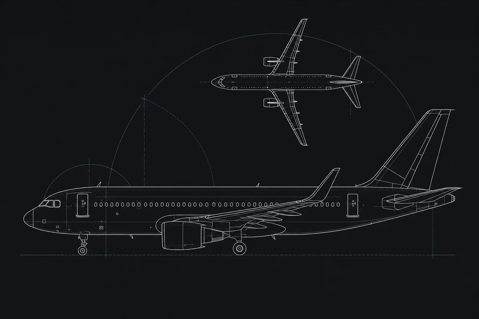 Technical drawing of an aircraft and its assembled systems