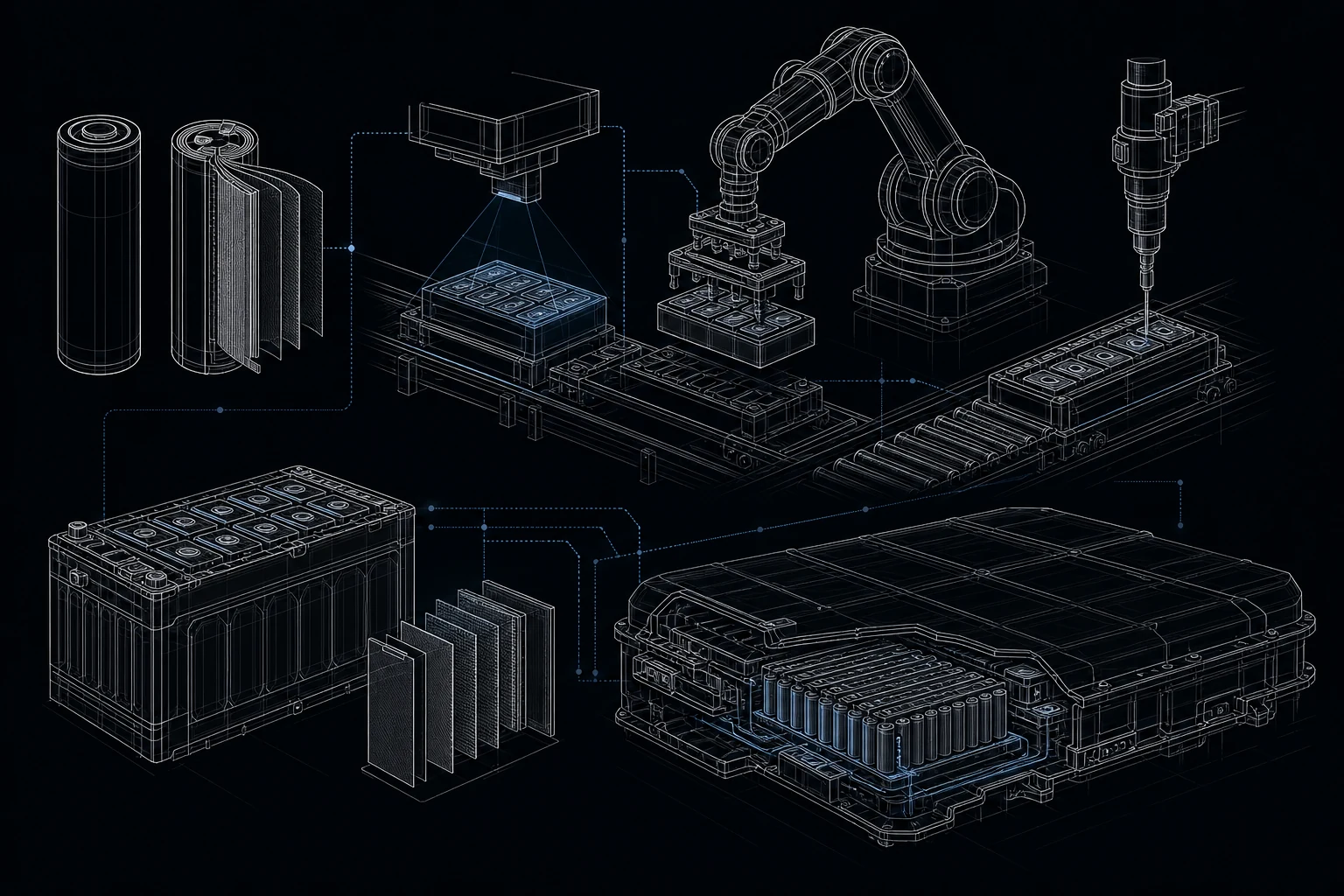 Technical blueprint of a battery production line and its equipment